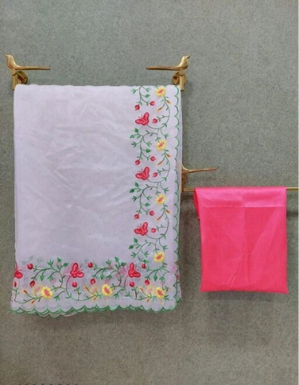 MYRA White Embroidered Organza Sarees With Banarsi Silk Fabric Blouse - Free Size, White, Organza, Pack of1